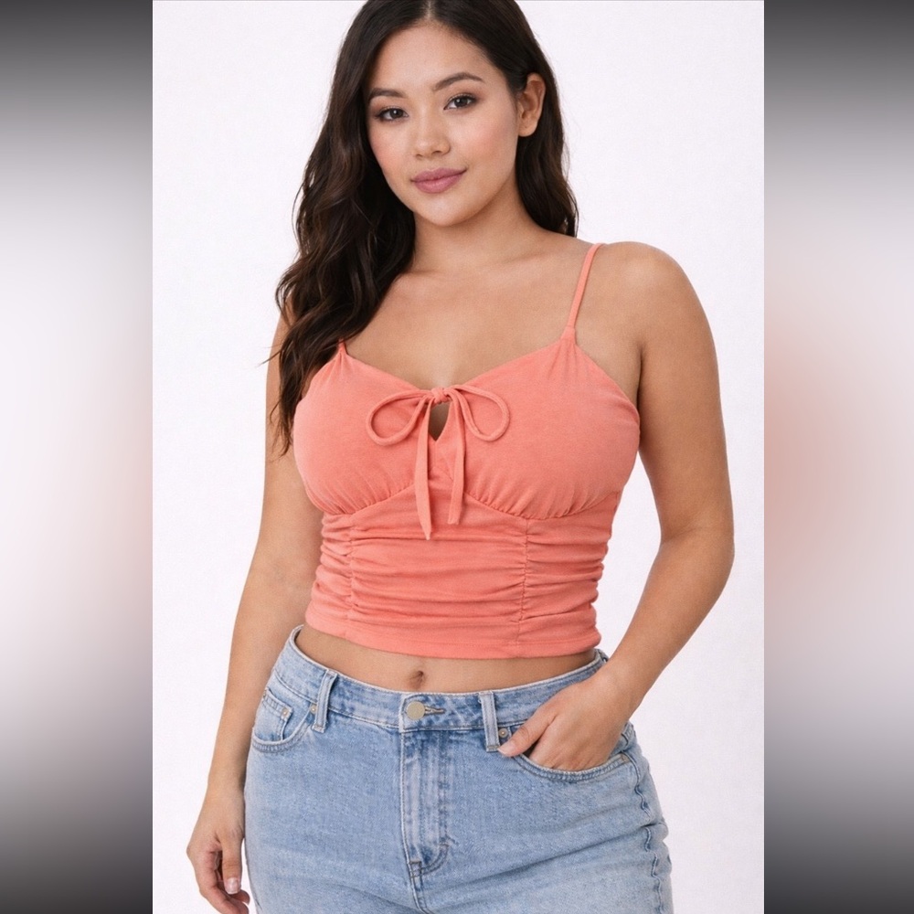 NWT She + Sky Coral Ruched Tie Front Crop Cami Petite Fit Y2K Going Out Top S